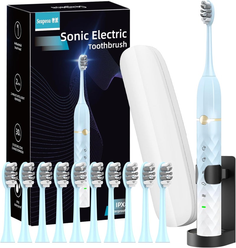 Seapeoa Electric Toothbrush Set, Equipped with 10 Brush Heads and Travel case, IPX8 Waterproof, 2-Minute Timer, 42000 high-Frequency Vibrations, 5 Modes, The First Choice for Gift Giving - Image 1